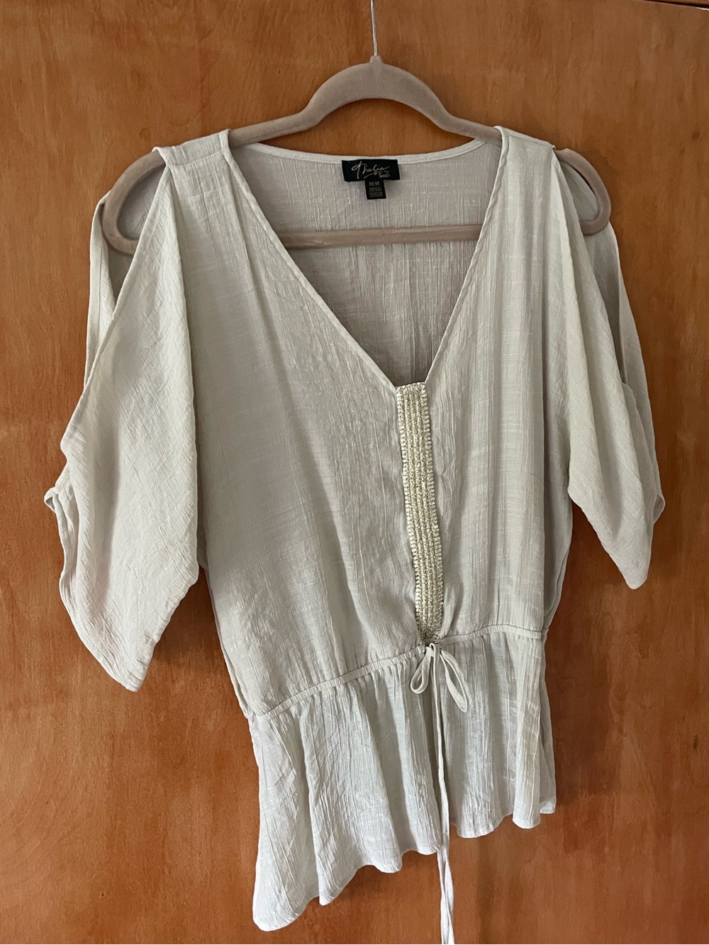 Cream Cold-Shoulder V-Neck Blouse